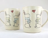 Wedding Gift - Engagement Gift - Pair of Two Matching Ceramic Mugs - Bunnies in Love