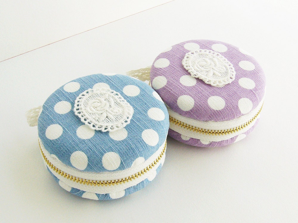 Polka Dot/macaron coin purse /rose lace/macaroon box or Jewelry pouch/Romantic - qiqikoko