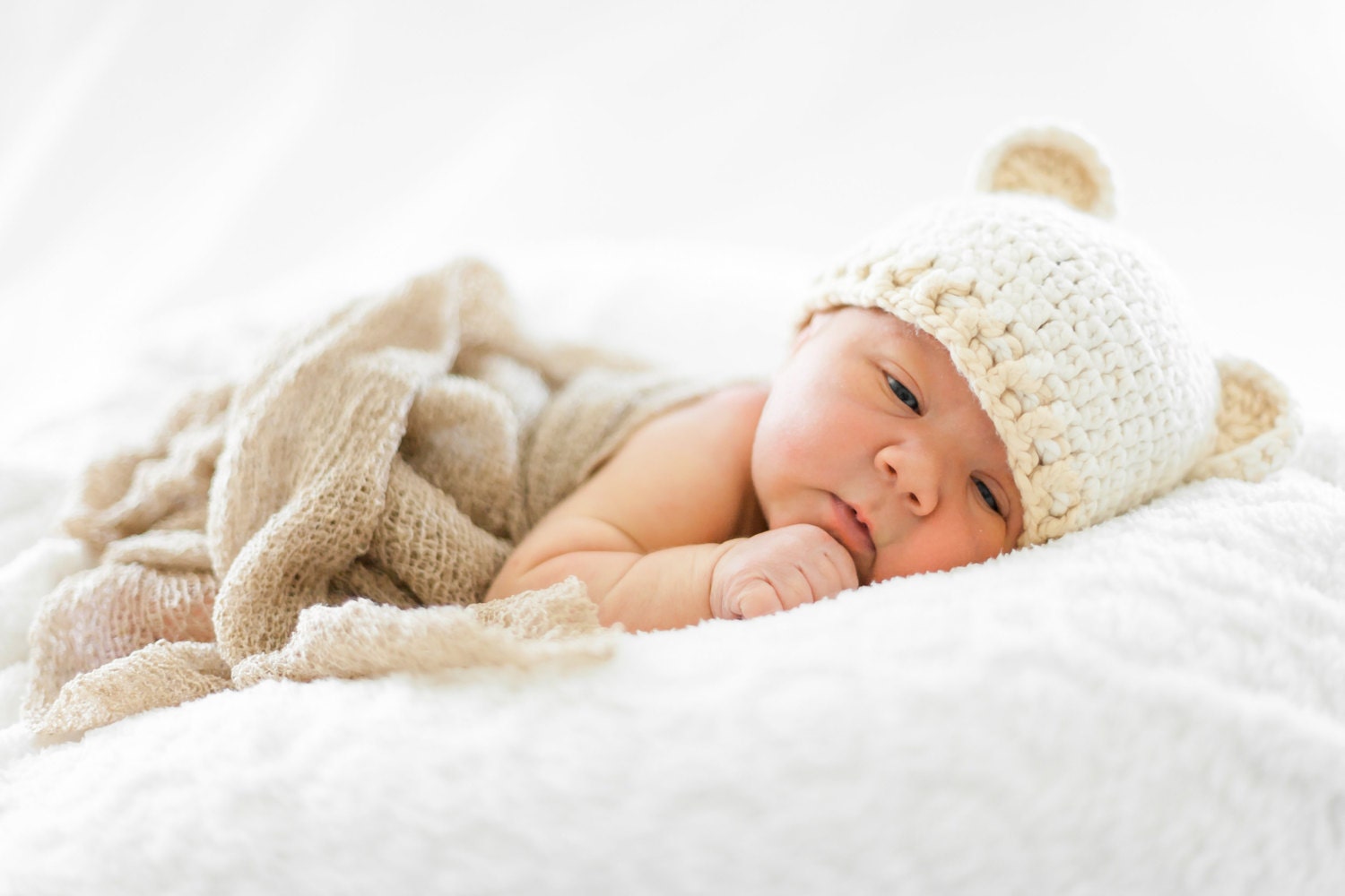 Organic Baby Hat Preemie Newborn- almond beanie with macadamia tream and bear ears. Photography prop