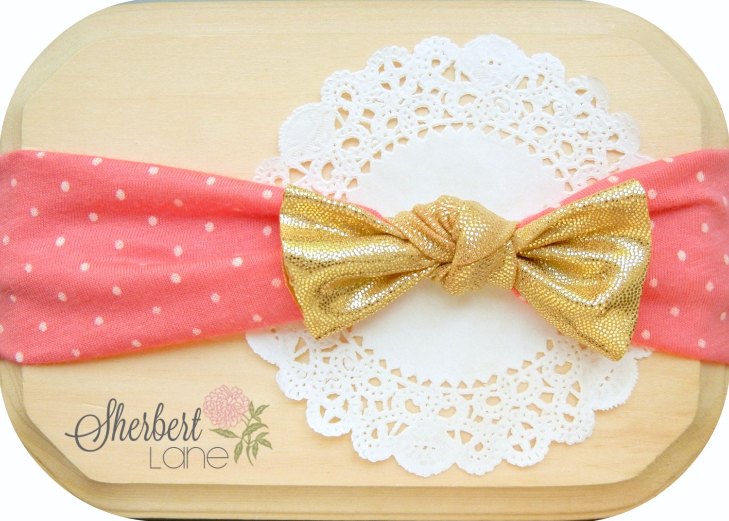 Jersey Knit Headband - Watermelon Pink Polka Dot Jersey Knit - Metallic Gold Knot Bow