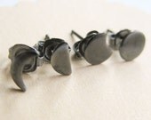 Oxidized Moon Phase, Silver Stud Earrings, Silver post earrings, unmatched pair
