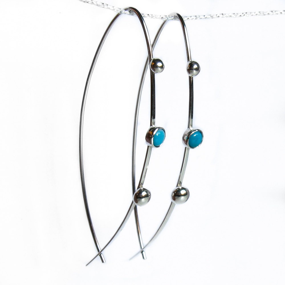 Long thread turquoise silver earrings - Large  Open Hoop - Statement Earrings - Turquoise thread by Misluo