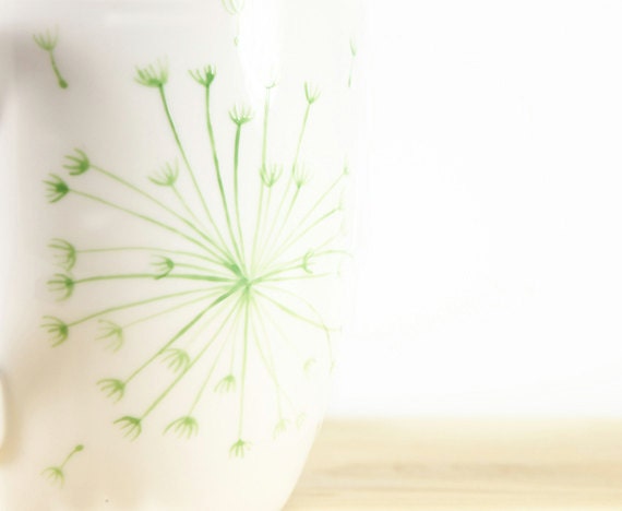 Hand Painted Ceramic Coffee Mug Tea Cup Green Dandelion Botanical Design Minimalist White  Modern Kitchen Decor Decorative Art