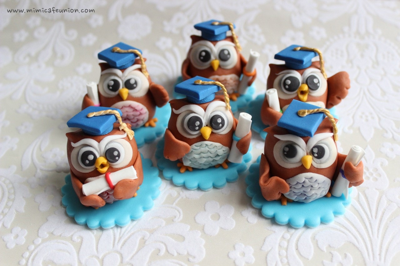 Owl Graduation Theme Cupcake Toppers ( 6 Owls, 1 Message Plate)