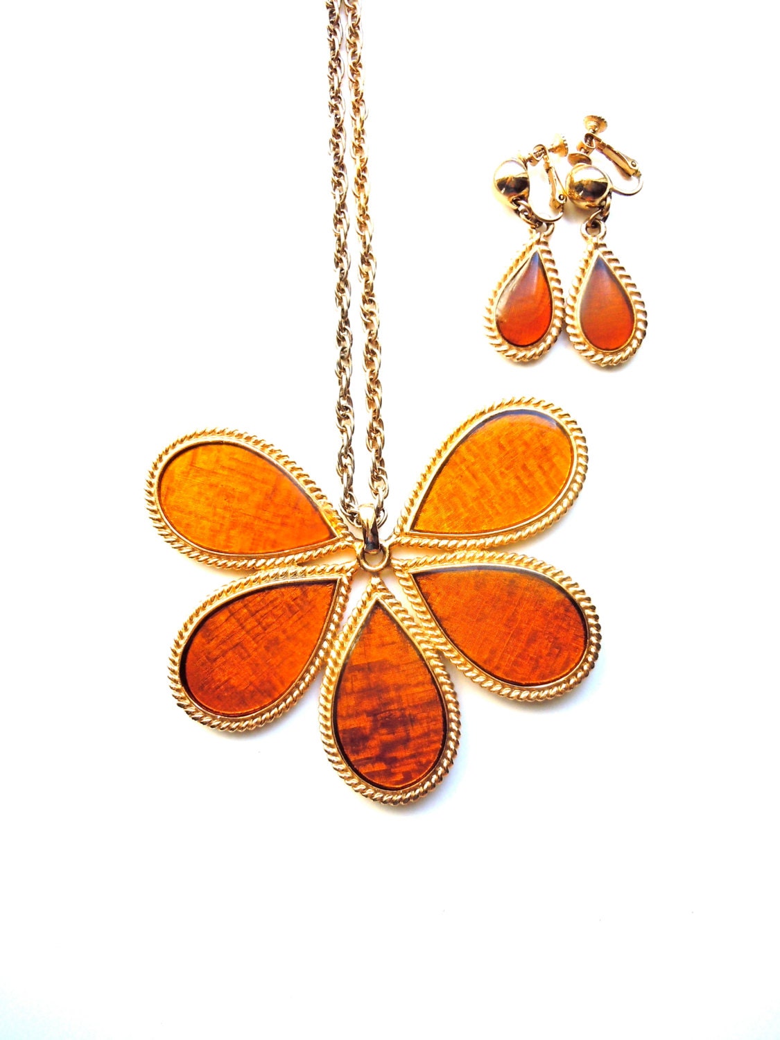 70s Large Napier Necklace/ Amber Resin/ Abstract Organic design, set, earrings/Vintage Runway style