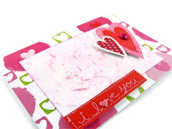 Homespun Love I Love You with Embossed Rose and Hearts Handmade Greeting Card Valentine's Day Anniversary Wedding Hearts Green Pink