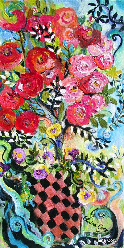 Abstract Rose Tree II 12 x 24 Original Painting by Elaine Cory
