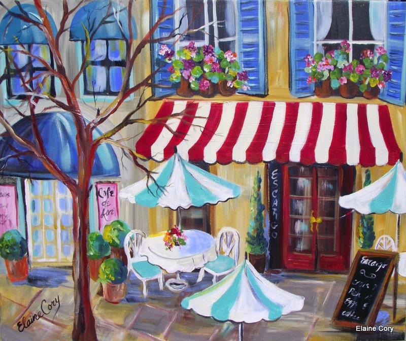 French Cafe City Scene Original Acrylic Painting 24 x 30 Art by Elaine Cory