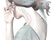 Original watercolor art of girl portrait woman with informal hair in moss green Painting