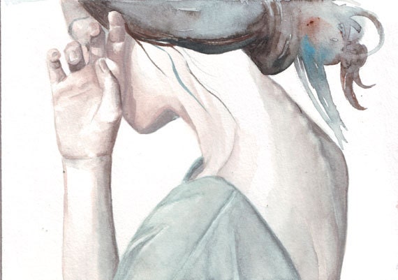 Original watercolor art of girl portrait woman with informal hair in moss green Painting