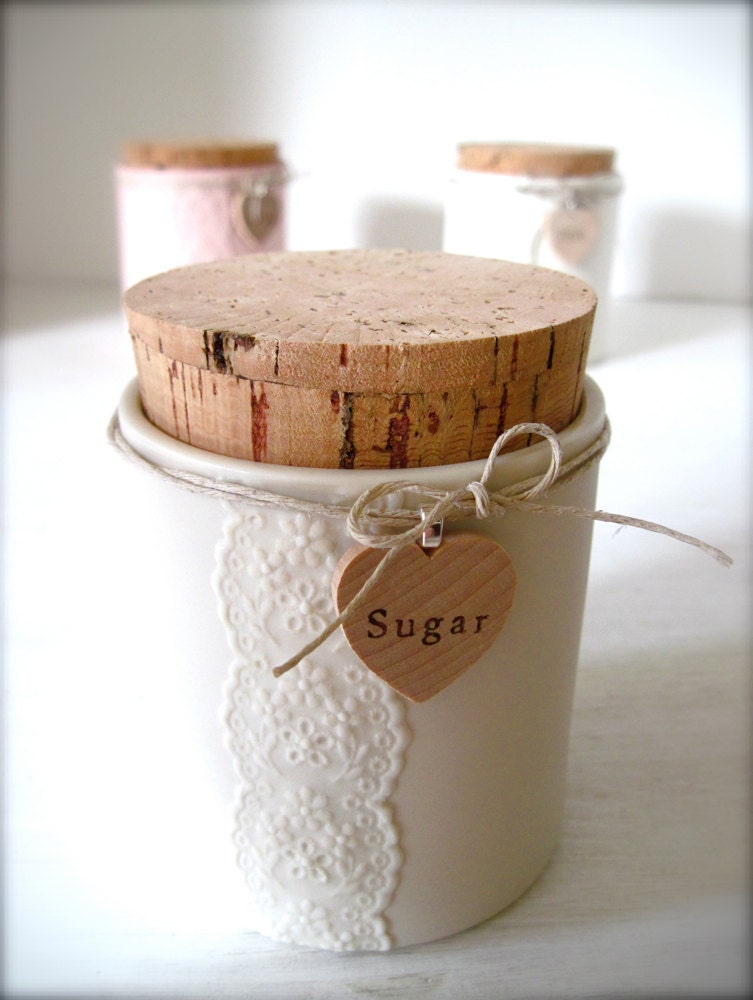 White Porcelain Lace Jar, Canister with Cork Lid-Hideminy Lace Series