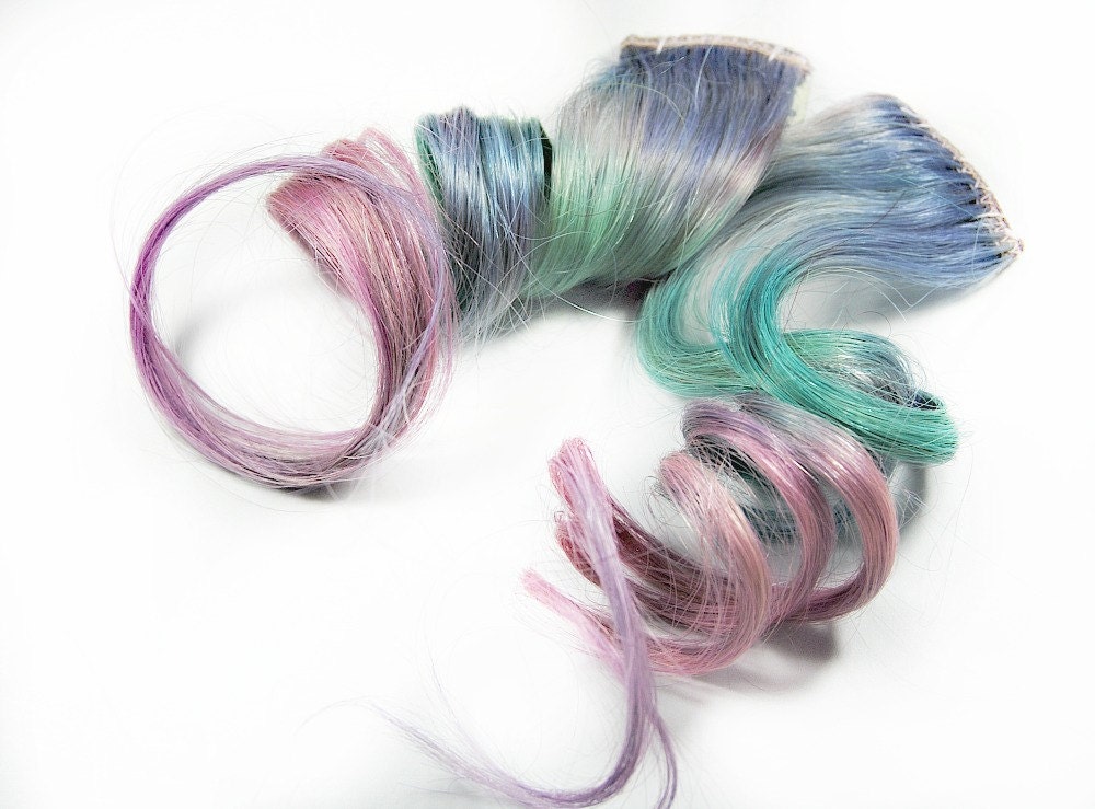 Rainbow Rays / Human Hair Extension - Clip In / Purple Green Blue Pink  / Short Tie Dye Colored Hair