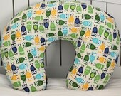 Nursing Pillow Cover, Boppy Style, Owls and Navy Blue Minky Dot