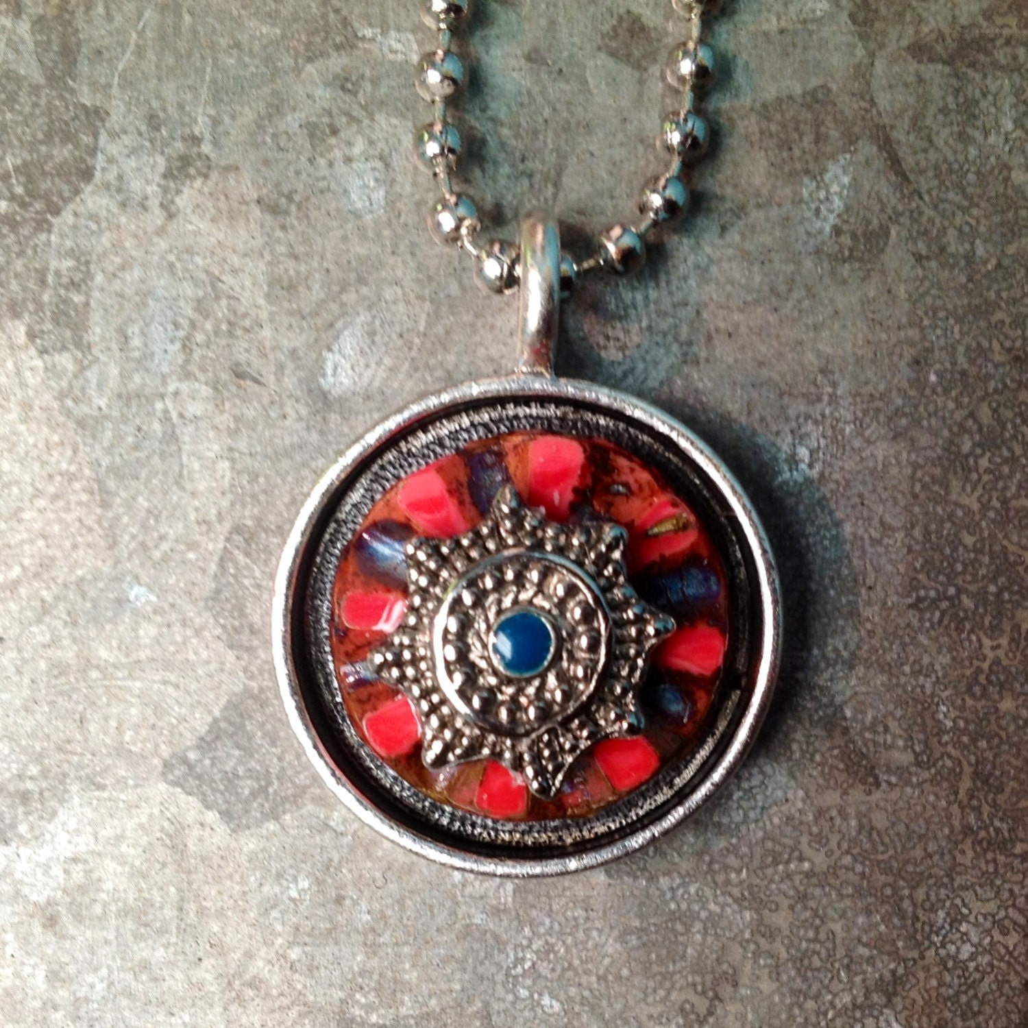 Boho Necklace Red Glass Pendant
