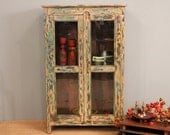 CLEARANCE Vintage Distressed Yellow and Green Rustic Glass Storage Kitchen Bathroom Cabinet