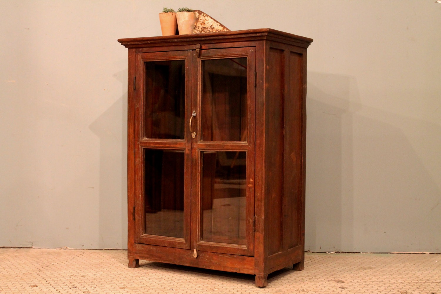 Clearance Item Vintage Distressed Brown Indian Glass Storage Cabinet Curio