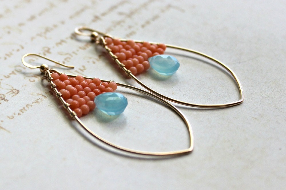 Peach Aqua Hoop Earrings, Peach Coral Earrings, Aqua Chalcedony Hoops, Gold Filled Marquise Hoops,