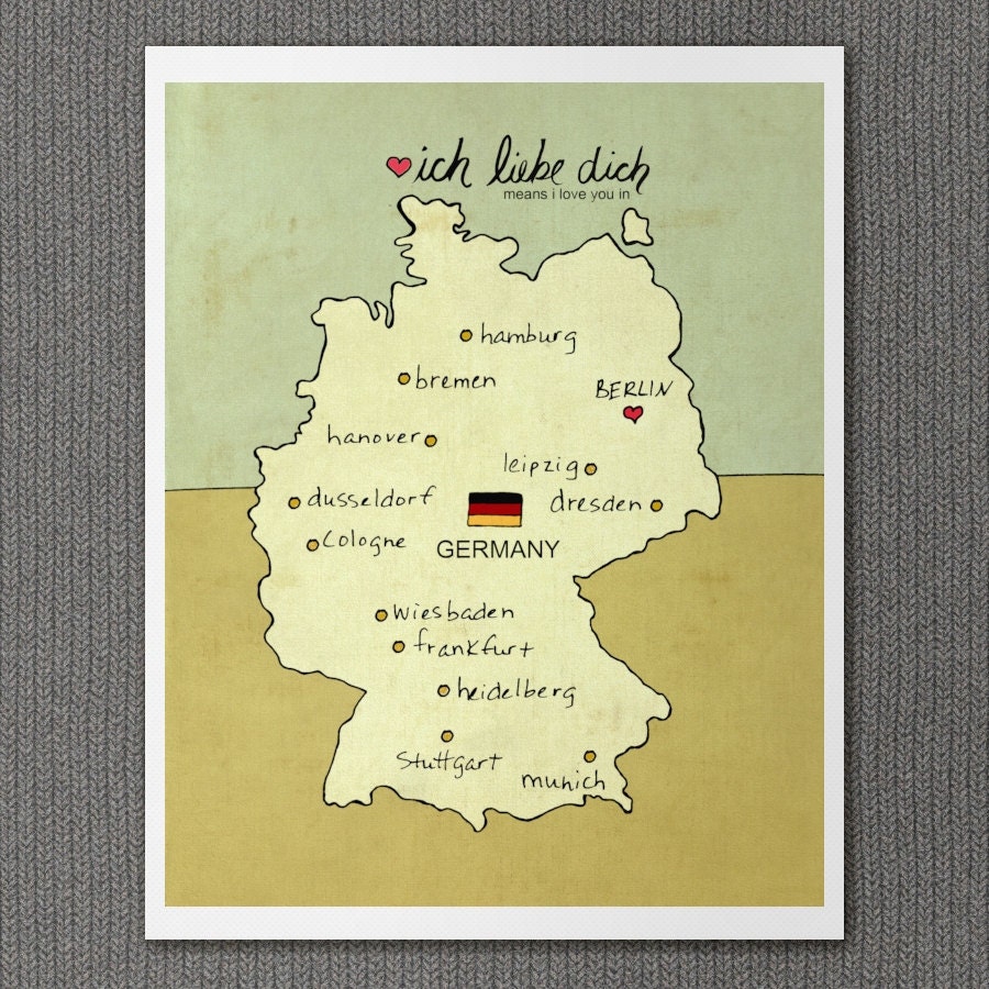 Modern Home German Map Children Decor Wall Art Poster - I Love You in Germany No.6 - 11x14 European Travel Art Print