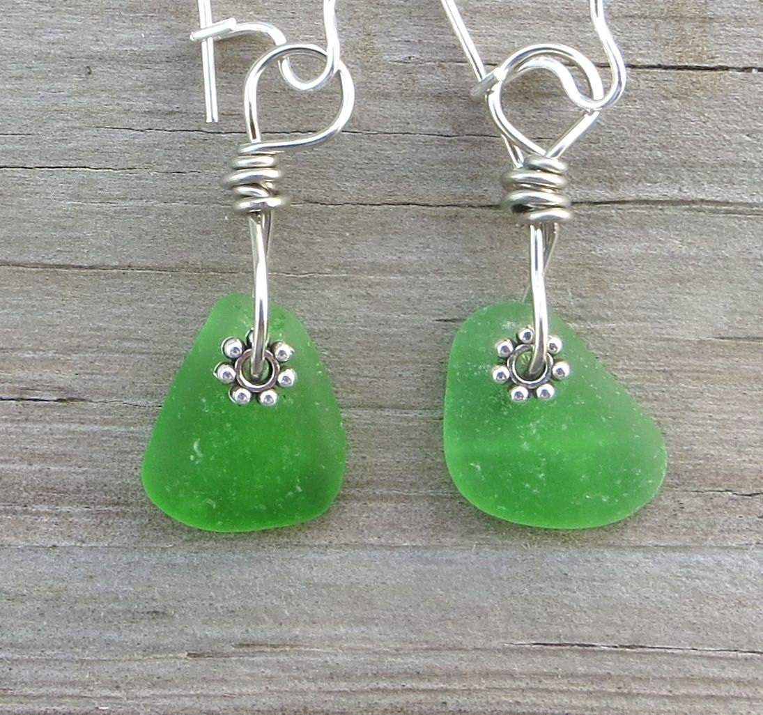 Sea Glass Earrings Kelly Green Dangling Irish Green Lime Green