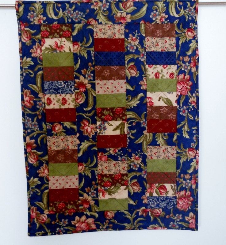 Stacked Coins Quilted Table Runner Wall Hanging Blessings by Moda in Navy Burgundy Green