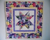 Spring Summer Flowers Quilted Wall Hanging Table Topper Runner Lavender and Yellow