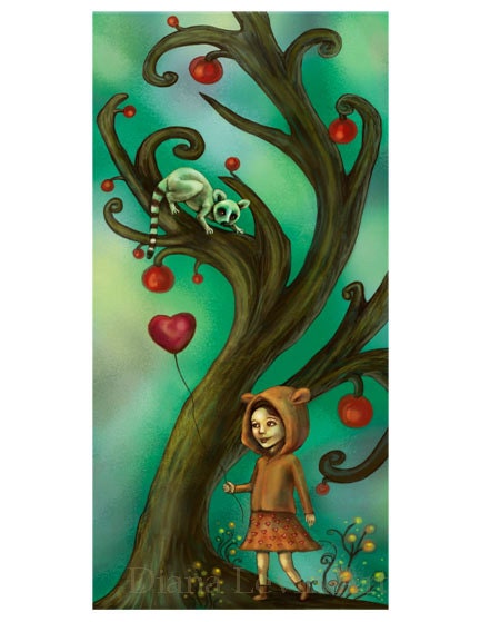Girl Loves Lemurs Animals Art Fairy Tale Green Tree Painting - FANTASY ART PRINT
