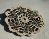 Vintage Crochet Doily, Hand Beaded Brooch, Upcycled Jewellery, Sienna Brown, Turquoise, Navy Blue