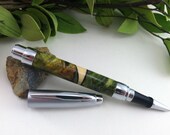 Rollerball Writing Pen - Vibrant Green and Yellow Buckeye Burl with Bamboo and Maple Inlay - Free Engraving