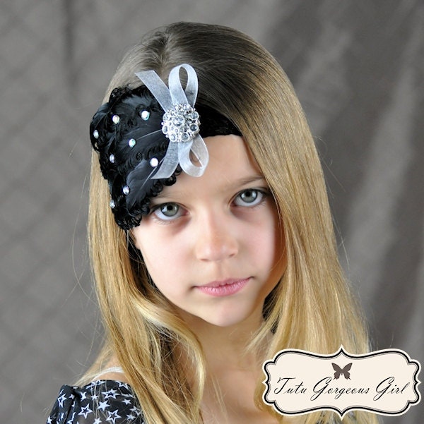 Elegant Black Nagorie Curly Feather Headband with Small Rhinestones...Headpiece...Newborn, Infant, Toddler, Girls, & Adult Sizes