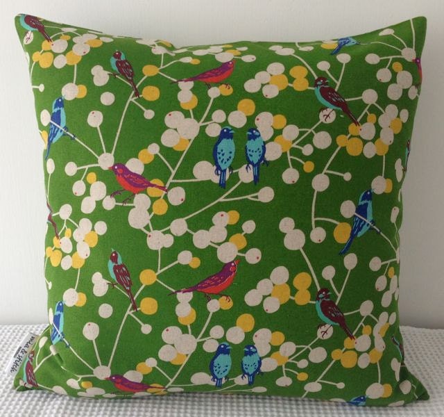 NEW Japanese fabric cushion cover in green background with bird and plant motif, throw pillow, decorative cushion