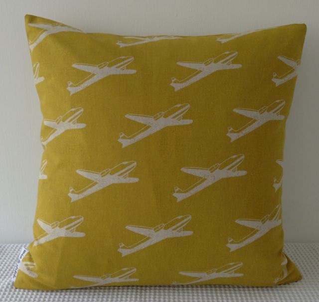 Japanese yellow airplane pattern cushion cover, slip cover, throw pillow, decorative cushion, accent pillow