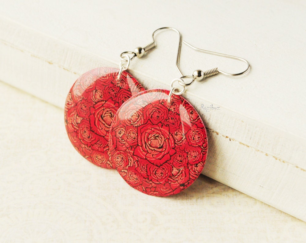 Red roses earrings  - red  earrings, rose earrings, love jewelry, gift idea for her, Valentine's day print - made to order