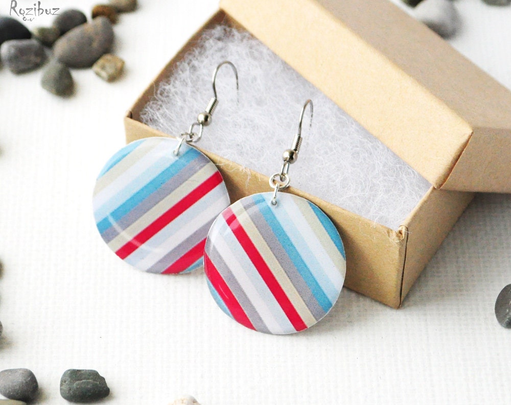 Striped earrings  - red blue white earrings, dangle resin earrings, jewelry print, gift idea for her - made to order
