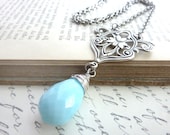 Silver Blue Necklace Robins Egg Blue Silver Filigree Pendant Spring Summer