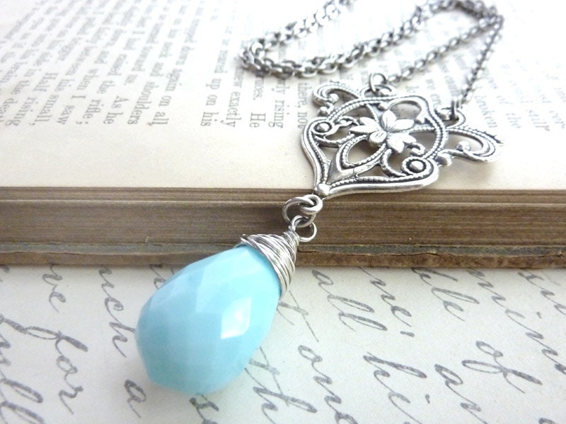 Silver Blue Necklace Robins Egg Blue Silver Filigree Pendant Spring Summer