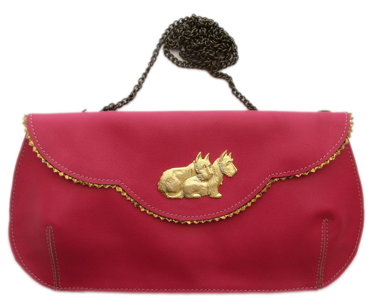 Winter Sale - Gorgeous large hot pink clutch with golden puppies