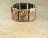 Artisan Floral Stretch Cuff Bracelet Burgundy Gold Bronze Antique Copper Olive Green Bracelet