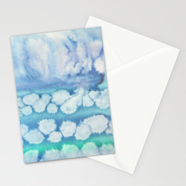 set of 10 BLANK GREETiNG CARDS - watercolor abstract art - blue white green - clouds sky - modern art