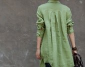 Loose Fitting Linen Long Shirt Blouse for Women  - Light Green -Long Sleeved Women Spring Dress