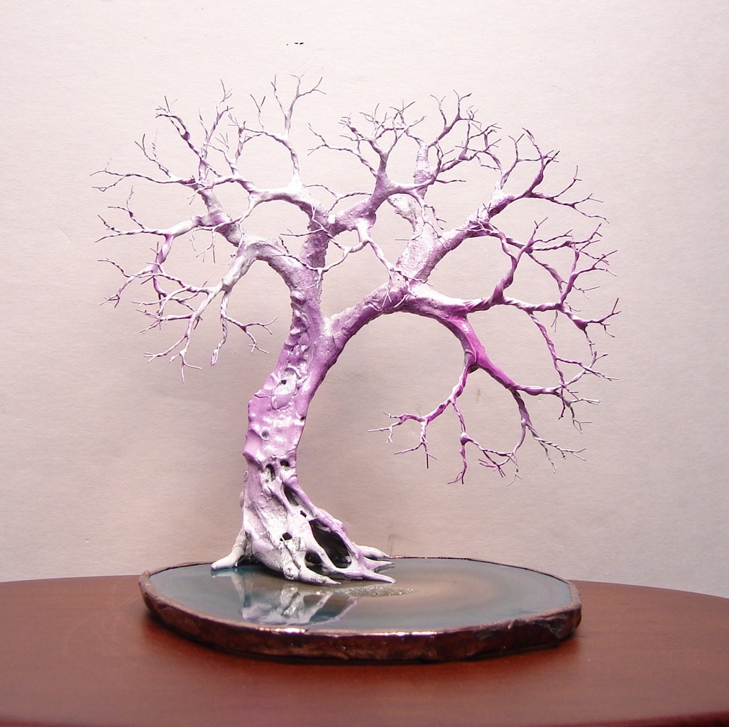 Wire Tree Of Life Grand Old Tree Spirit sculpture Teal Brazil Geode Quartz Crystal Agate slice, original art