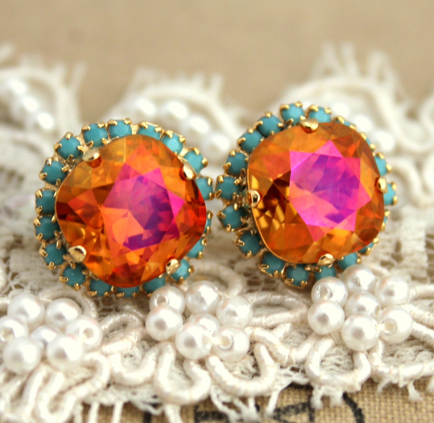 Crystal stud turquoise orange big pink earring - 14 k plated gold post earrings real swarovski rhinestones .