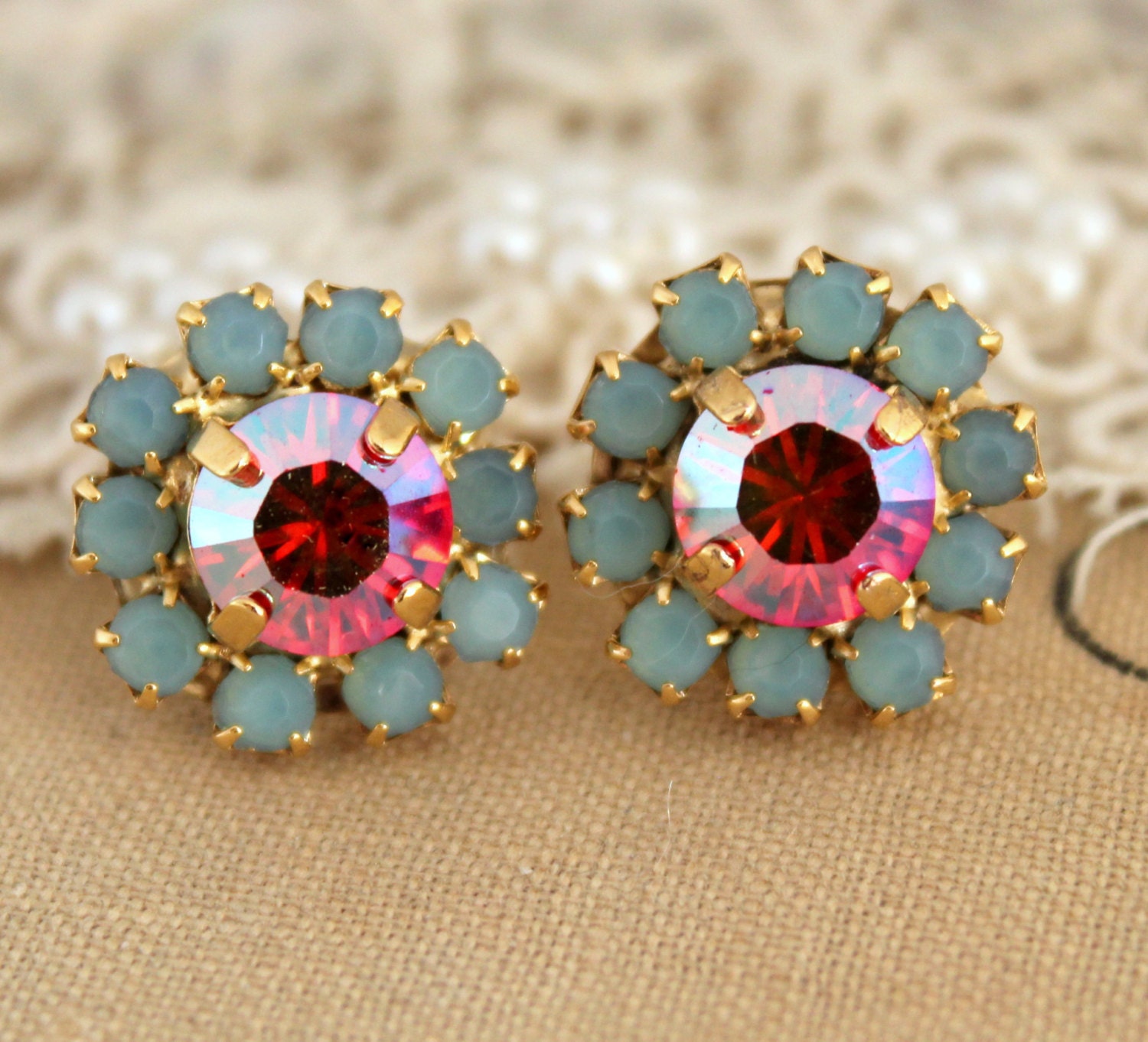 Stud earring Aqua blue sea foam pink Summer Spring collection  2013 - 14 k plated gold post earrings real swarovski rhinestones.