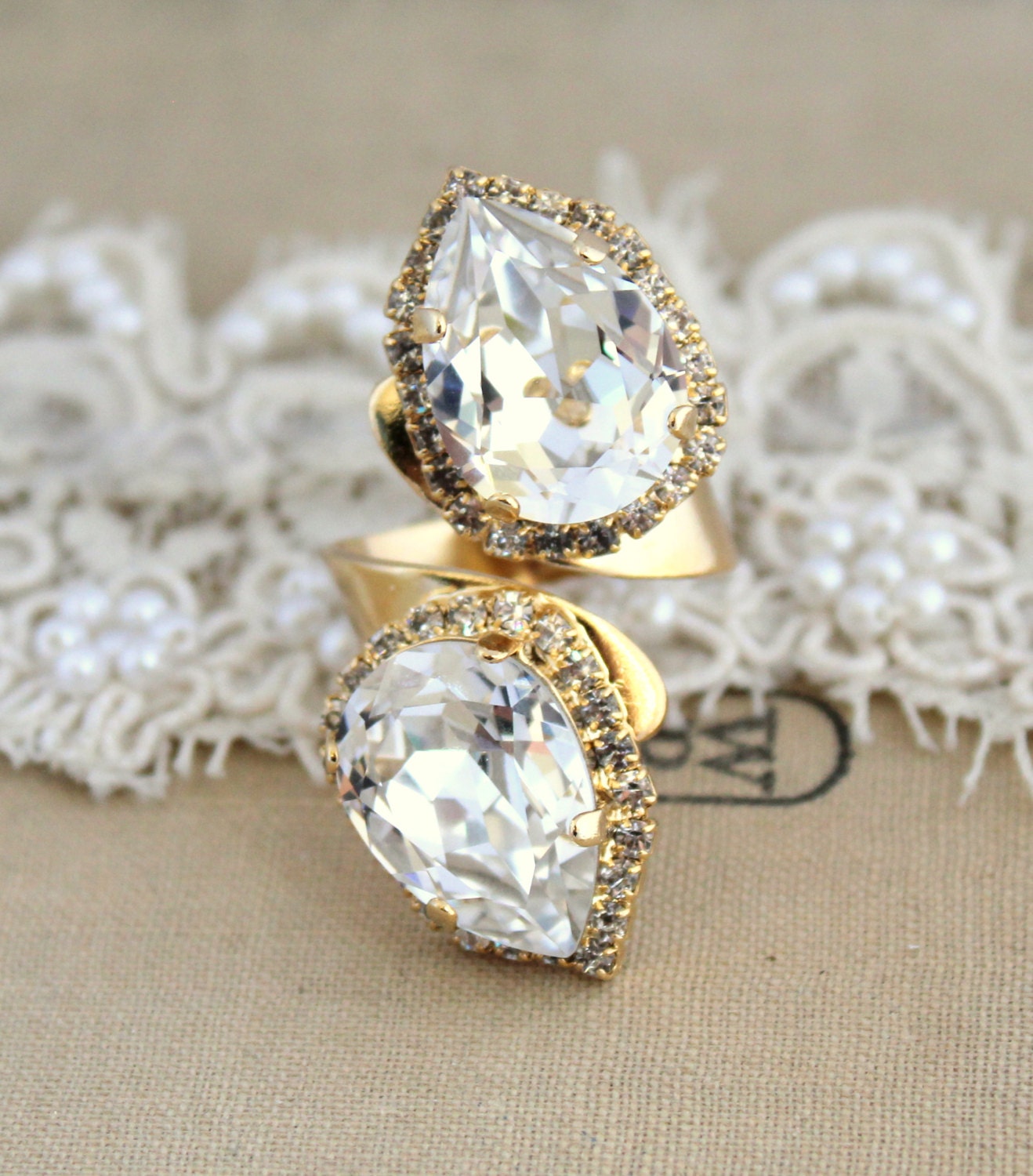 Reserved for privet list Cocktail ring, Statement ring white crystals teardrop adjustable ring - 14k plated gold adjustable ring