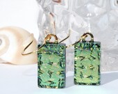 Dichroic Glass Earrings, Fused Glass Jewelry, Fashion Accessory, 18K Gold Plated Wires, Sparkle Confetti, Green Pink Gold (Item 30478-E)