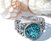 Sterling Silver Ring, Dichroic Glass Ring, Fused Glass Jewelry, Filigree, Victorian, Aqua Blue Green, .925, Size 7 (Item 60006-R)