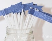 25 Dark Ocean Blue Glitter Paper Flag Stir Sticks or Drink Stirrers - Cornflower