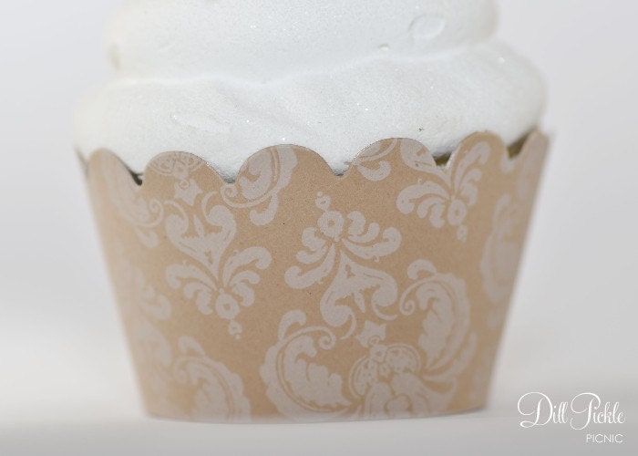 Kraft & White Damask Cupcake Wrappers - Standard Cupcake Wraps Set of 24