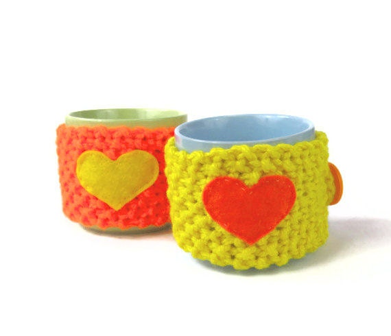 Neon mug hugs citrus mug cozies pair love heart colorful fun cup covers in yellow and orange with felt hearts