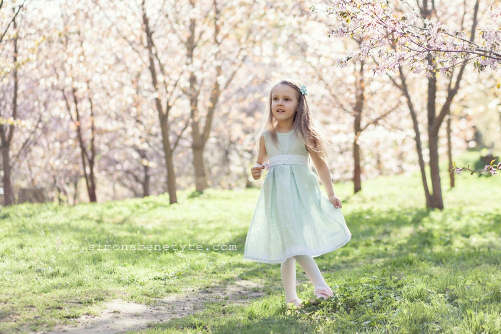 Summer weddings mint linen flower girl dress