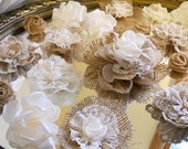 Set of 20 Handmade Natural Burlap & Ivory Lace Flowers for weddings, bouquet making, wedding decor, cake toppers,